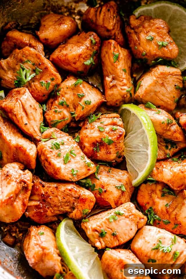 The absolute easiest chicken recipe you will ever see. Taco chicken bites are simple, fun, and full of flavor. Perfect for busy weeknights! Skillet of taco chicken bites