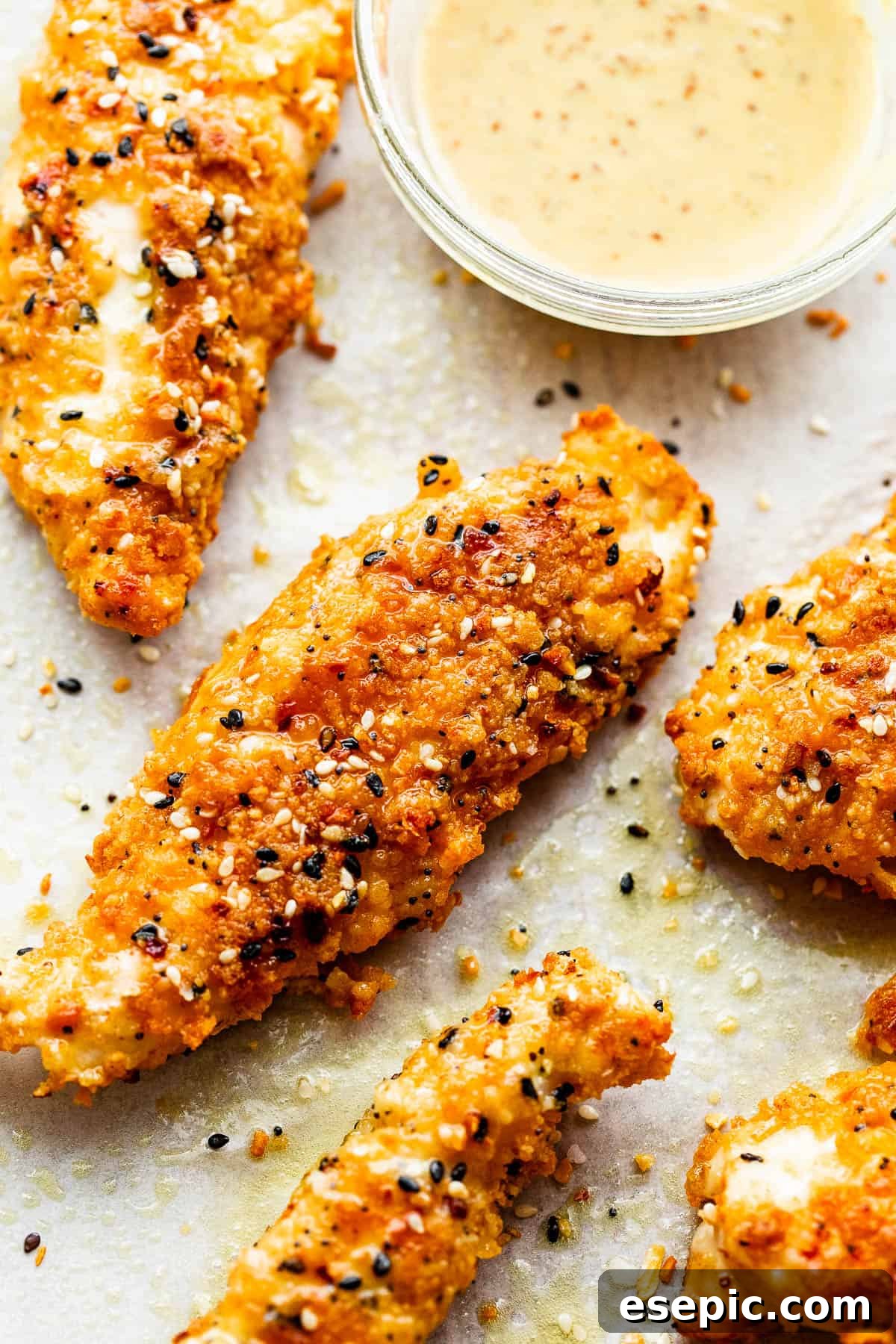 A tantalizing close-up shot of crispy, golden-brown baked Everything Bagel Chicken Tenders, highlighting their irresistible texture and seasoning.