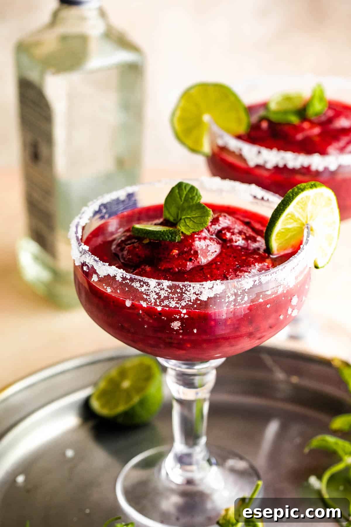 Frozen Berry Margarita served in a margarita glass with salted rims, slice of lime, and mint