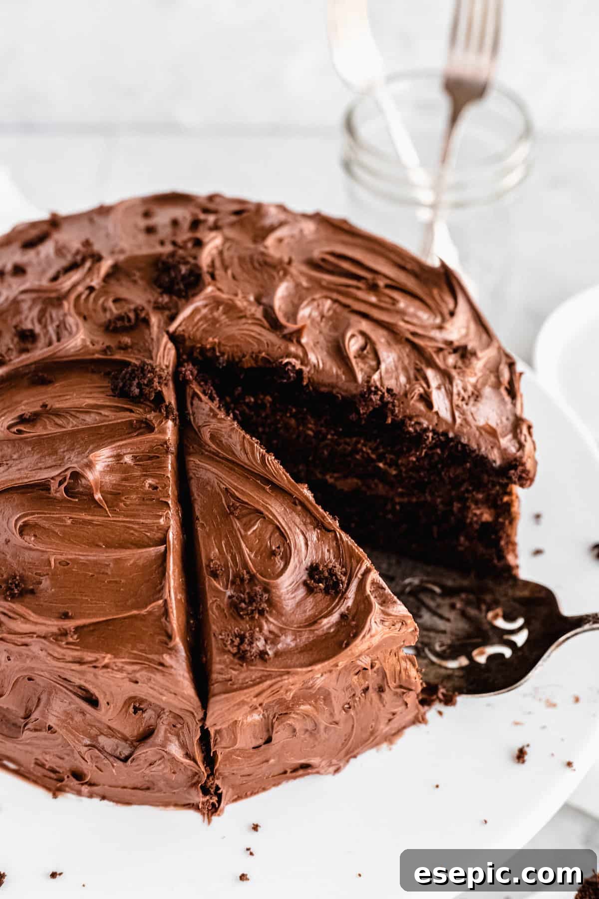 A beautifully frosted whole chocolate cake ready to be served, highlighting its rich color and inviting texture.