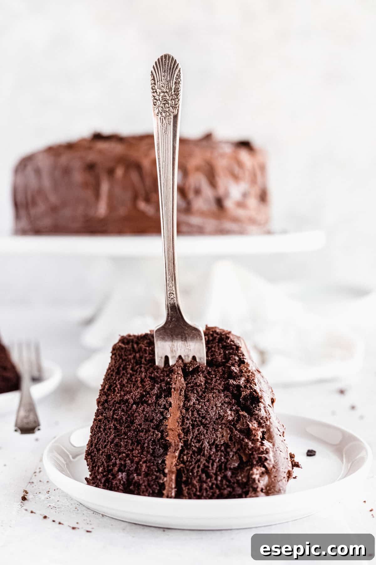 A tempting slice of moist chocolate cake on a white plate, with a fork poised to take a bite, showcasing its rich layers and frosting.