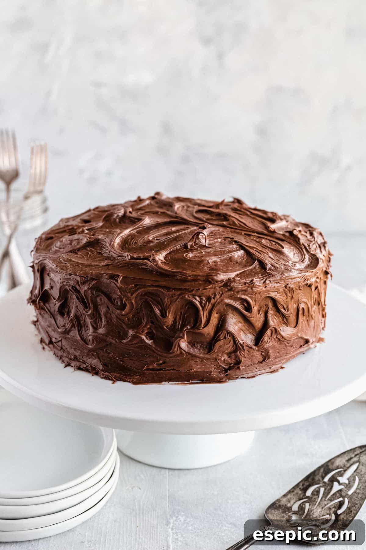 A beautifully frosted chocolate layer cake resting on an elegant white cake stand, with a dessert spatula nearby, ready for serving.