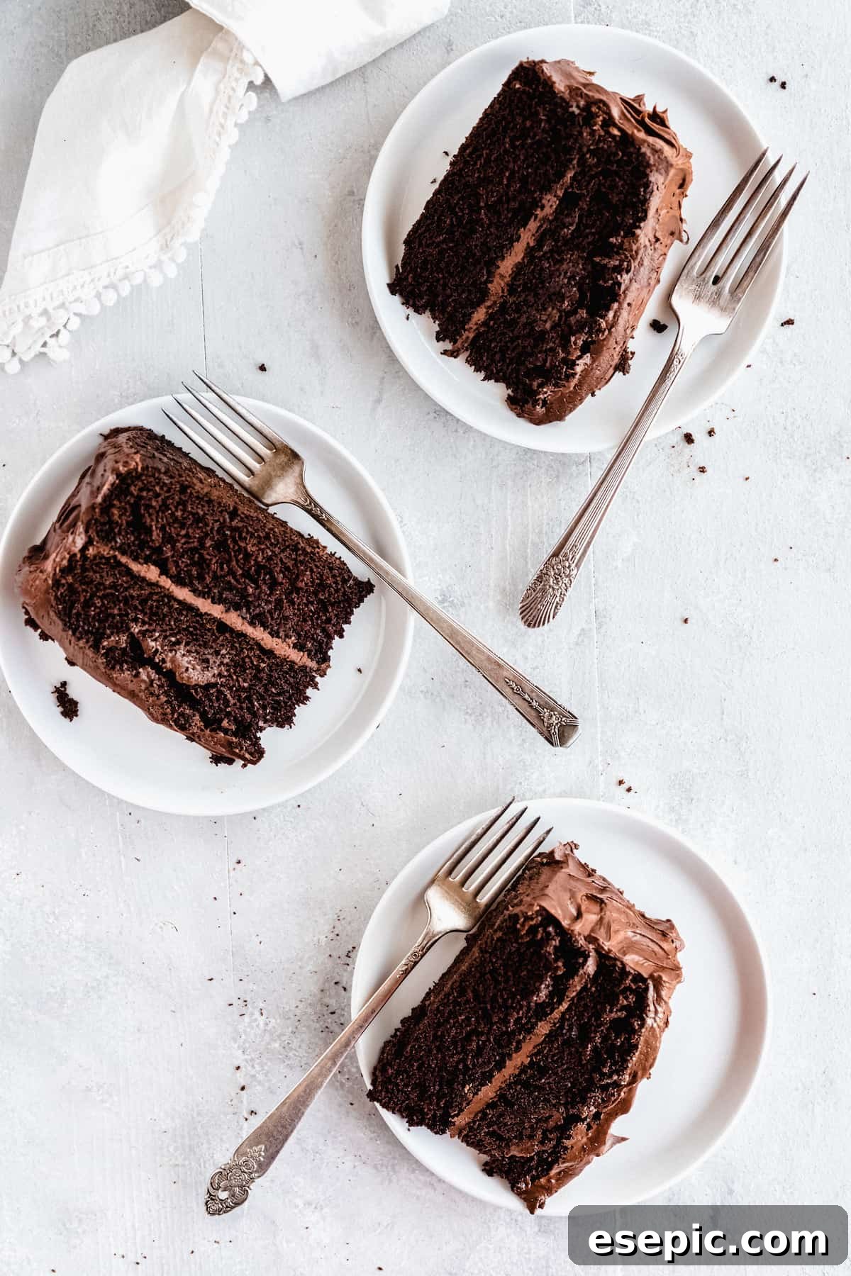 A bird's-eye view of three exquisitely frosted slices of homemade chocolate layer cake, arranged to showcase their fluffy texture and delicious layers.
