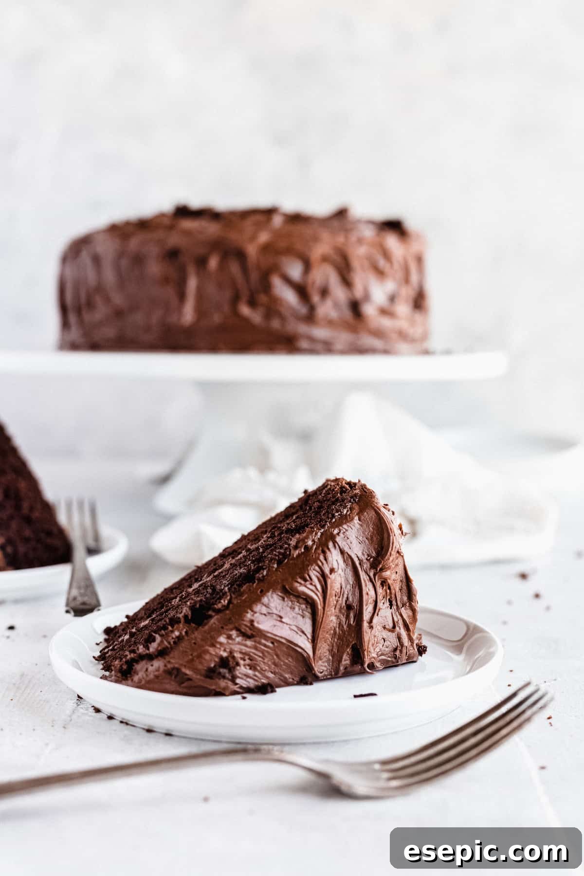A delectable slice of chocolate cake resting on its side on a countertop, with a fork nearby, inviting a taste.