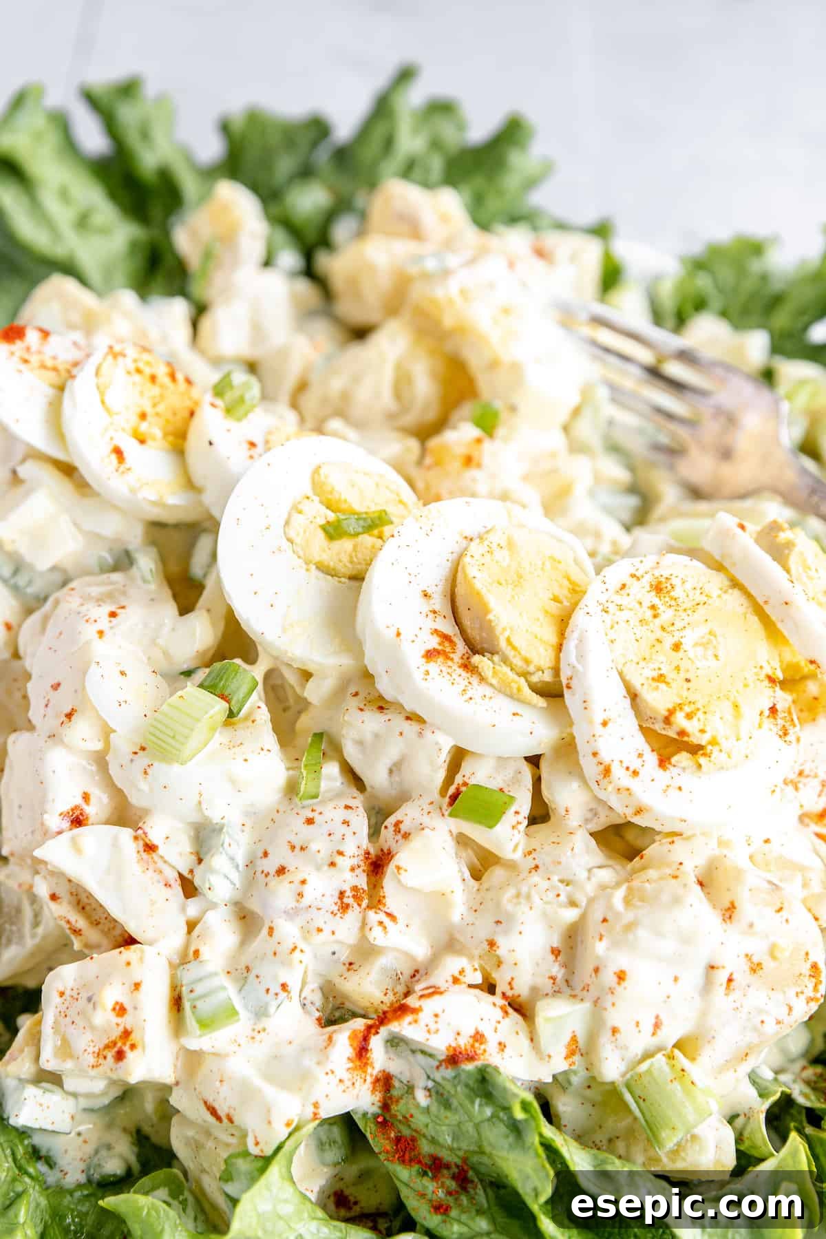 A Close-Up Overhead Shot of Creamy Potato Salad Garnished with Chopped Green Onions, Smoked Paprika, and Sliced Hard-Boiled Eggs