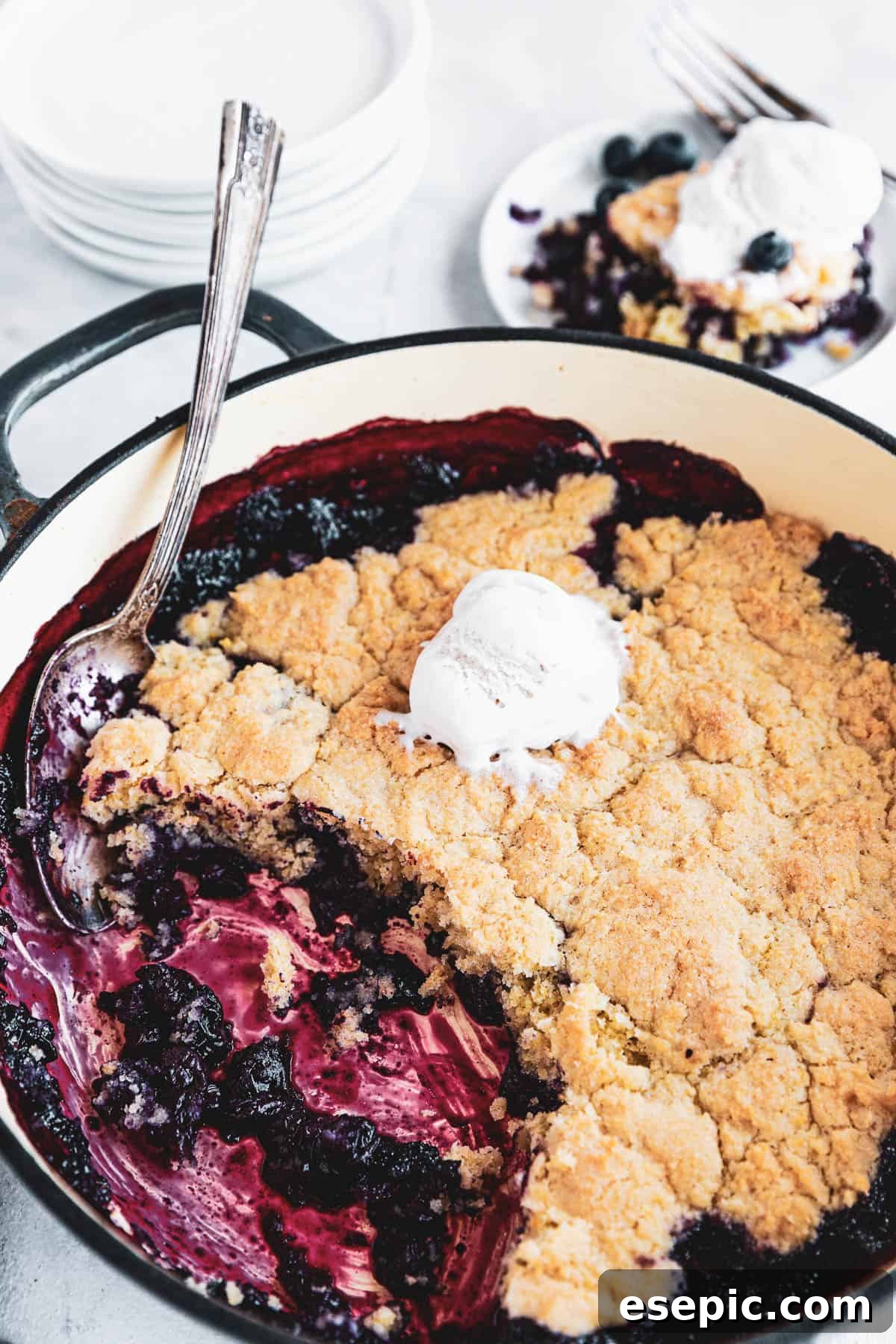 Golden Blueberry Rhubarb Delight 11 Blueberry Rhubarb Cobbler in a baking dish