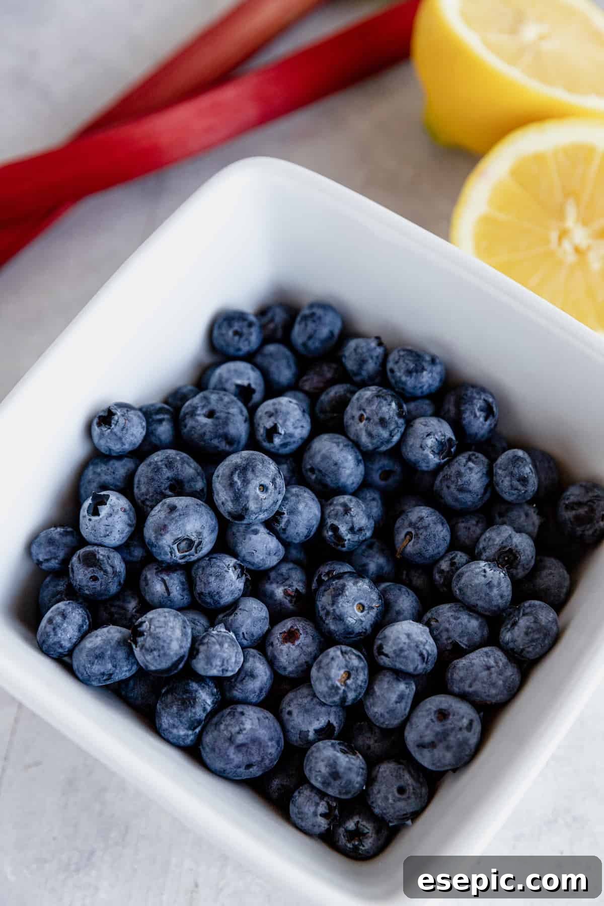 Golden Blueberry Rhubarb Delight 4 A Bowl of Blueberries Beside Rhubarb and a Fresh Lemon Cut in Half