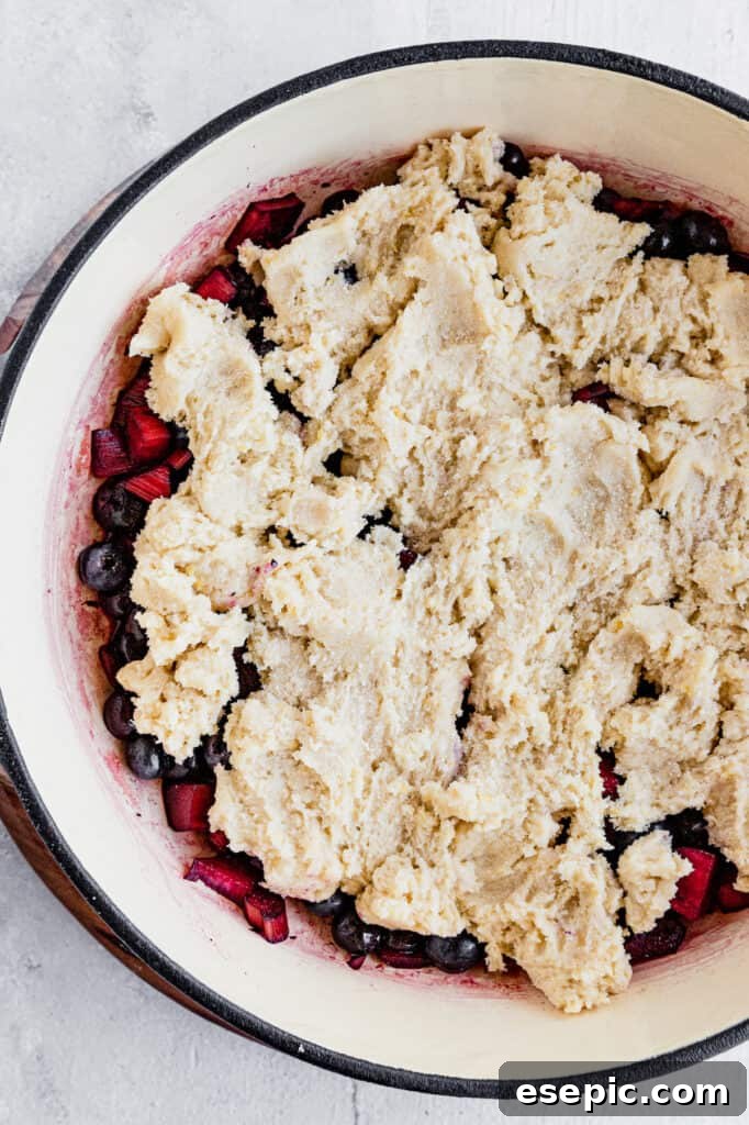 Golden Blueberry Rhubarb Delight 9 A Pan Filled with the Crisp Filling and Covered with the Dough for the Topping
