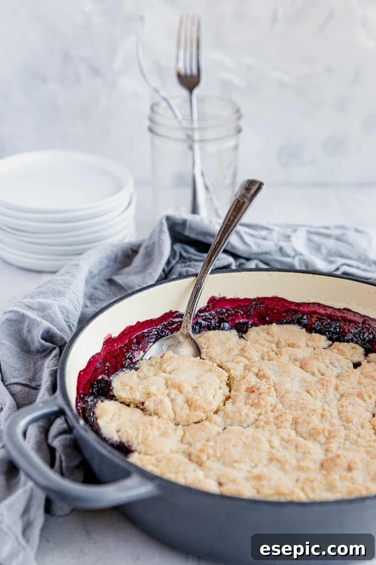 Golden Blueberry Rhubarb Delight 10 A Freshly Made Blueberry Rhubarb Cobbler in a Pan with a Metal Spoon Digging Into the Dessert