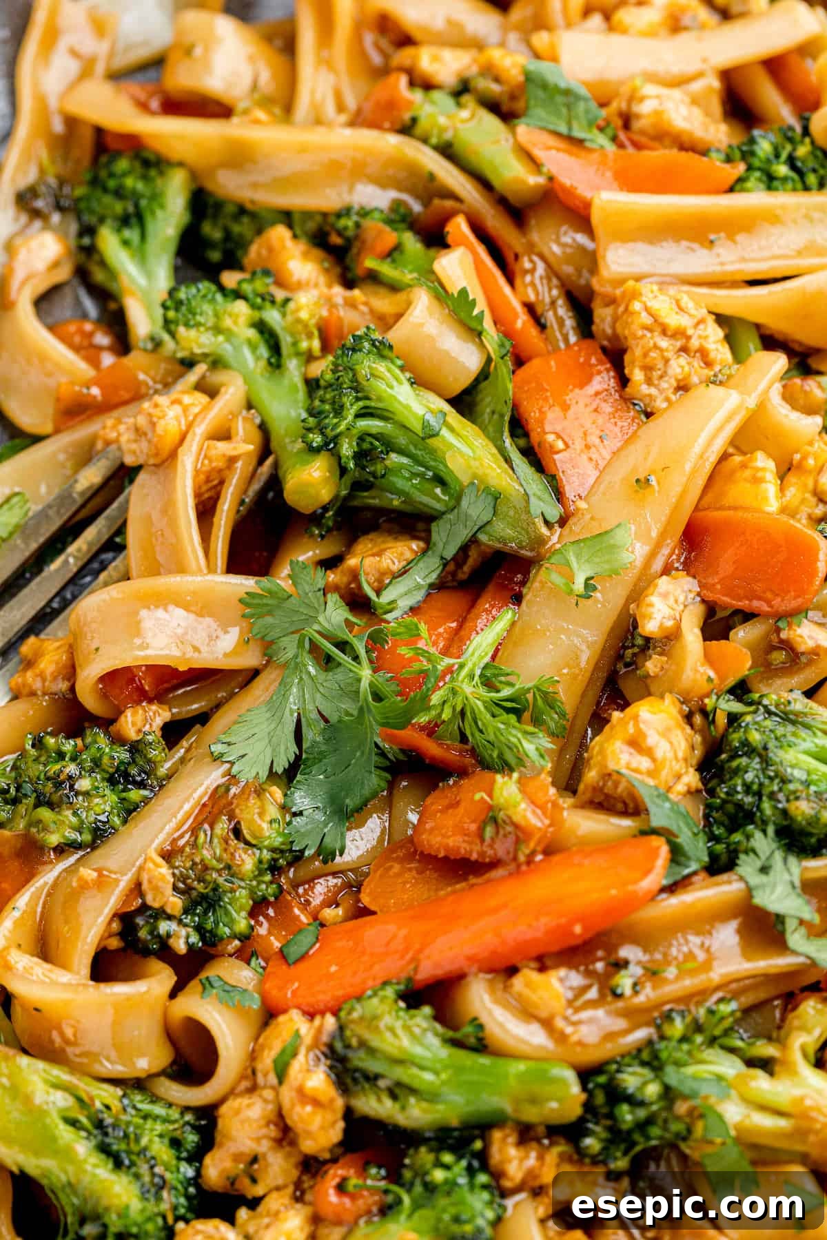 A super close-up shot of Pad See Ew, highlighting the textures of the noodles, eggs, and vegetables, with a fork subtly visible in the corner.