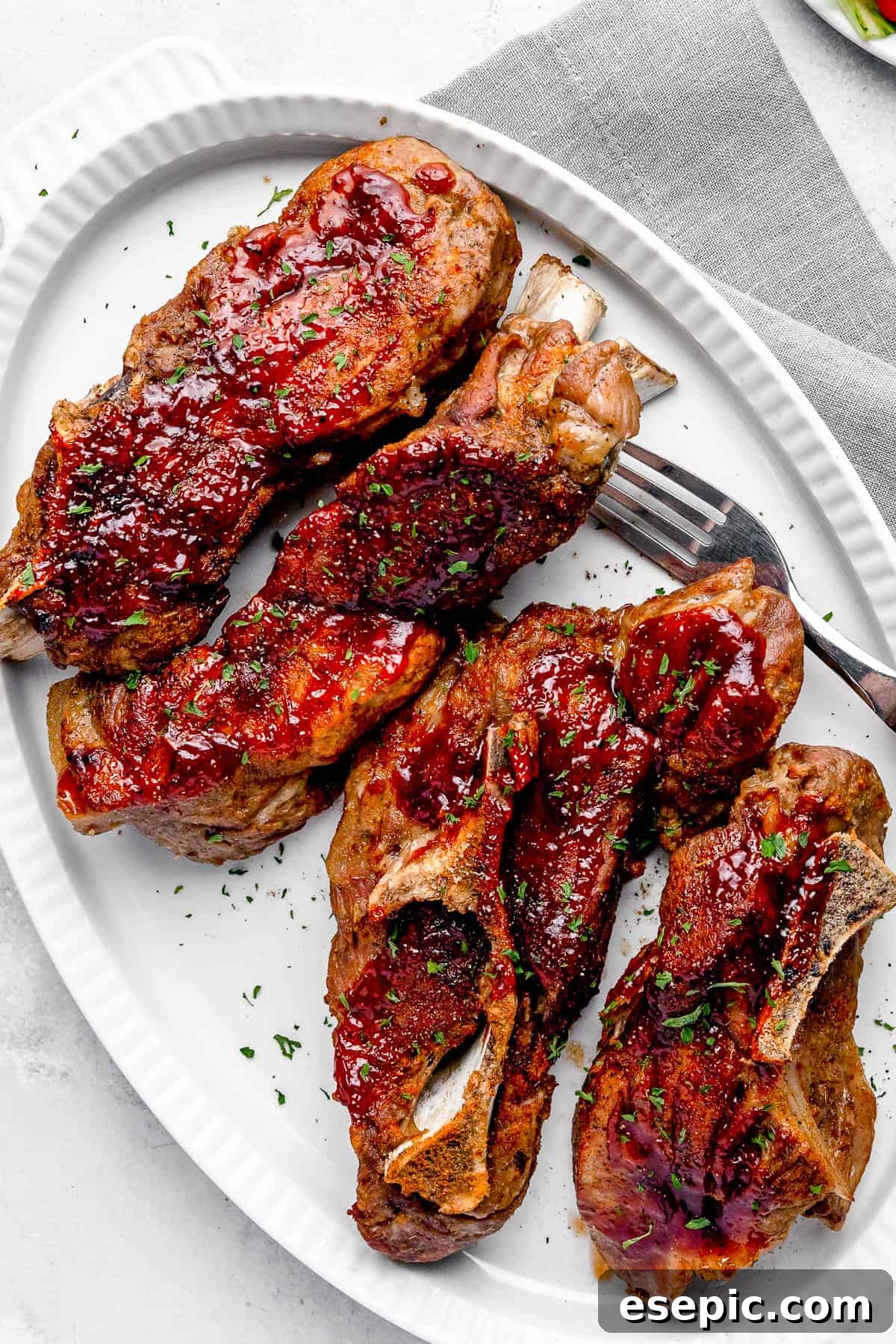 Four Instant Pot Ribs Garnished with Chopped Parsley on a White Plate