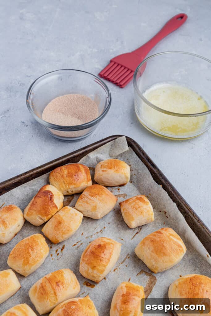 Cinnamon Sugar Pretzel Poppers 8 Baked pretzel bites with separate bowls of melted butter and cinnamon sugar