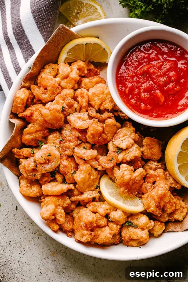 Serve up these delicious crispy popcorn shrimp with a variety of dipping sauces for an unforgettable party food experience. Close-up of freshly fried popcorn shrimp on a plate, garnished with fresh herbs, alongside a small bowl of creamy dipping sauce.
