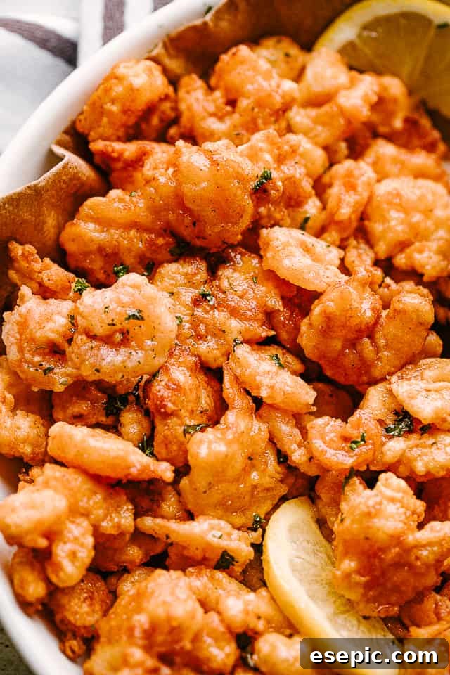 Crispy Popcorn Shrimp with lemon for a perfect party food Plate of crispy popcorn shrimp with lemon wedges, ready to be served