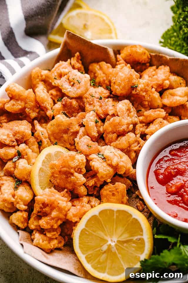 Crispy Popcorn Shrimp are my favorite party food ideas, perfect with dipping sauce in just 30 minutes! Popcorn shrimp on a plate with lemon and dipping sauce, ready to be enjoyed
