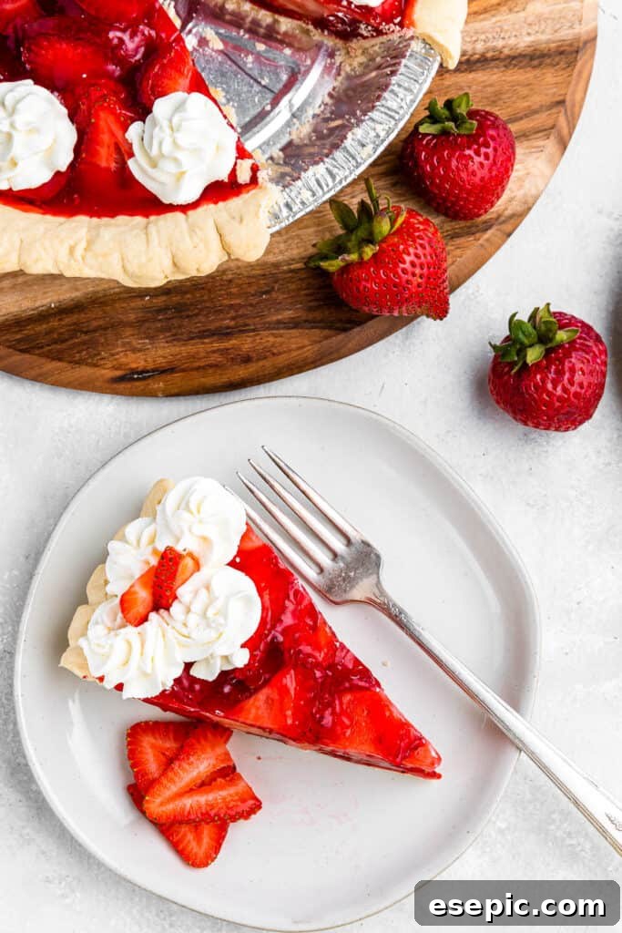 overhead shot of strawberry pie and strawberry pie slice