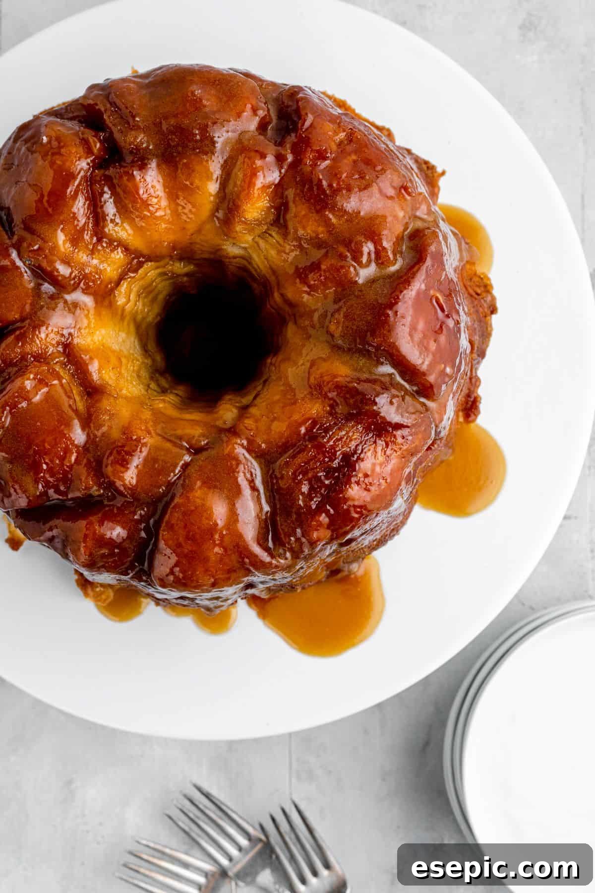 A shot of the ring-shaped monkey bread bake from above, showcasing its golden crust.