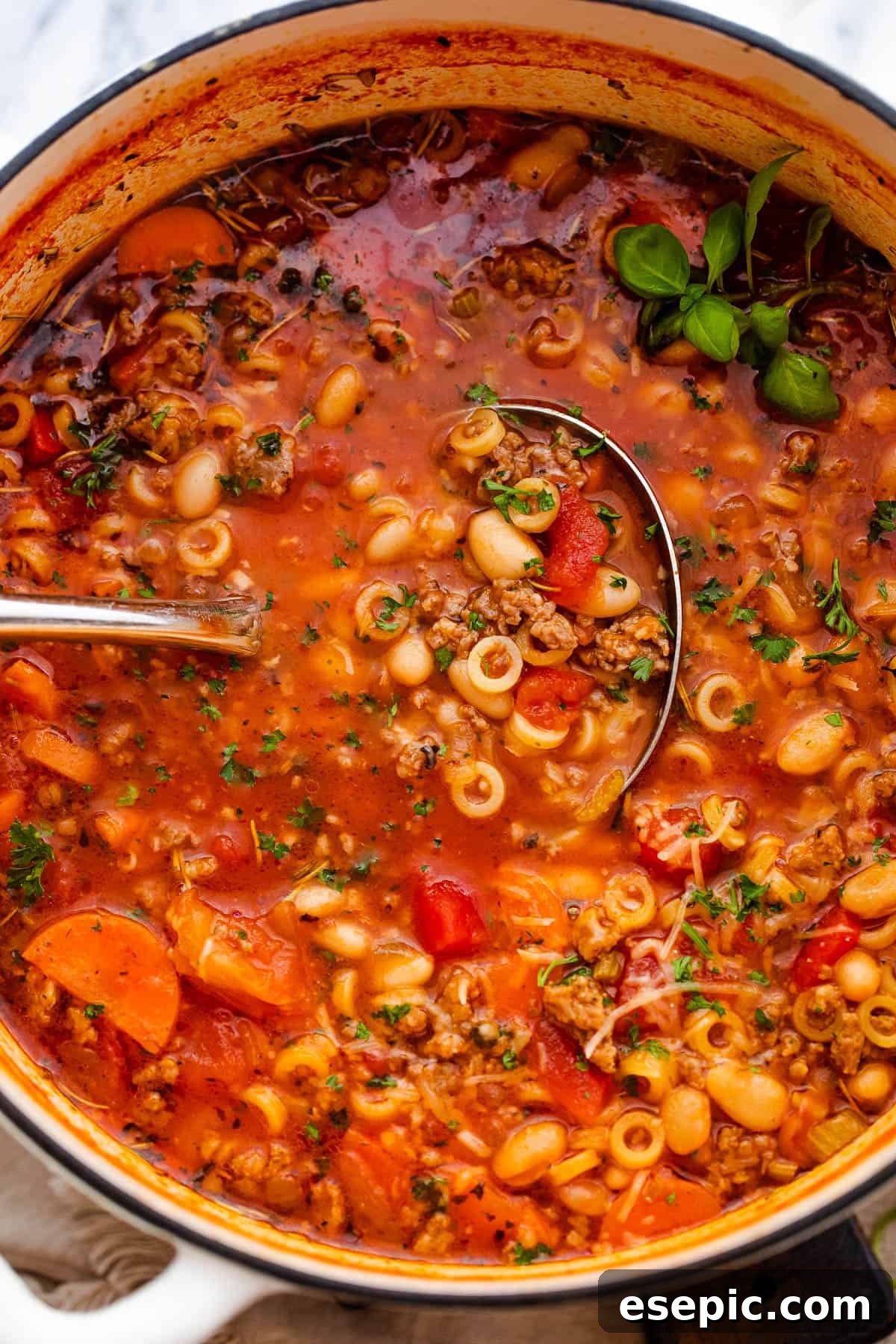 A steaming bowl of homemade Pasta Fagioli soup, garnished with fresh herbs and Parmesan cheese, ready to be served.