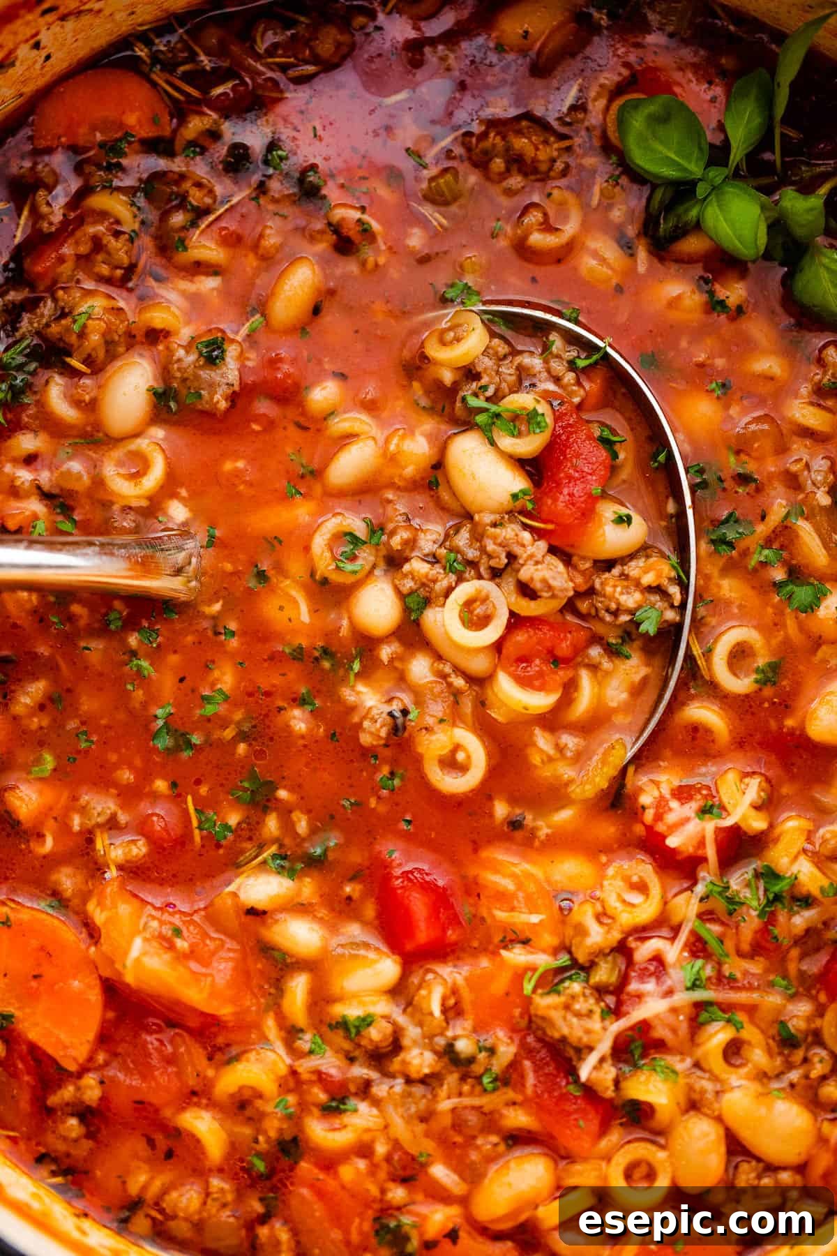 A ladle scooping up a generous portion of creamy Pasta Fagioli soup from a pot.