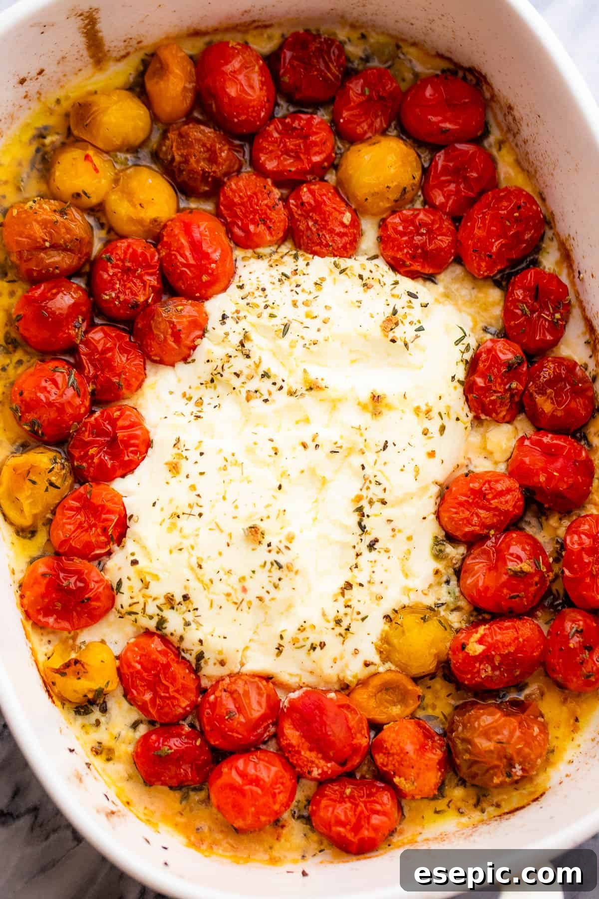 Cream Cheese and Shrimp Pasta Bake 4 a baking dish with block of cream cheese with cherry tomatoes around it