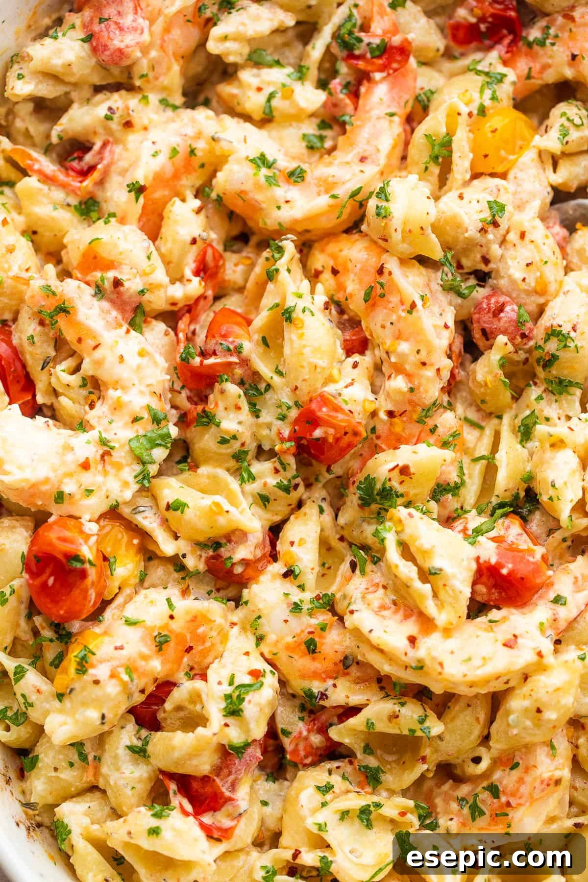 Cream Cheese and Shrimp Pasta Bake 6 shrimp and pasta tossed with a cream cheese sauce and cherry tomatoes