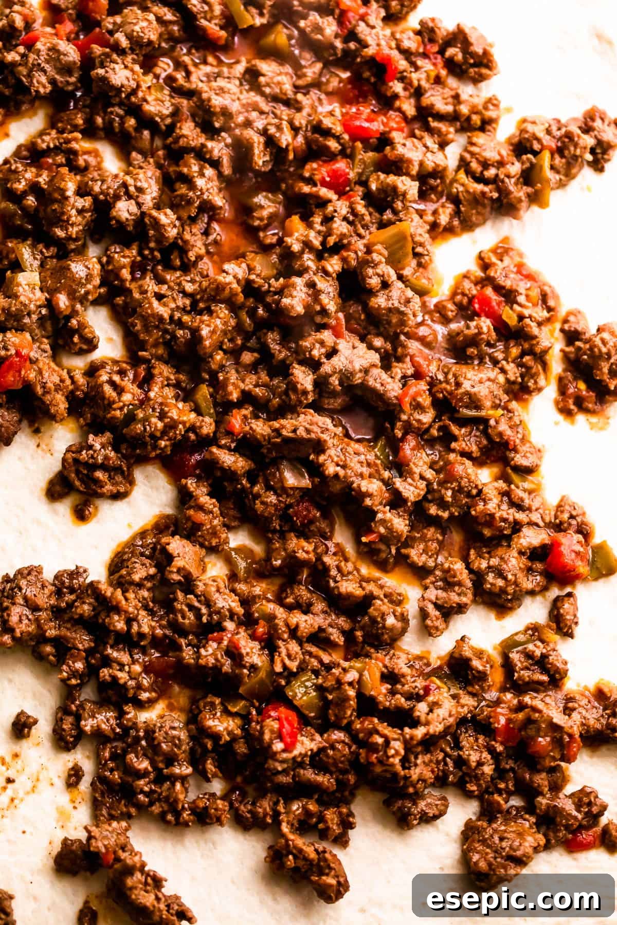 Cheesy Baked Taco Swirls 4 Cooked ground beef, perfectly seasoned, sprinkled evenly over a rectangle of raw pizza dough.