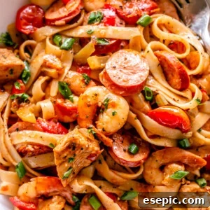 One Pot Jambalaya served in a white dish with pasta