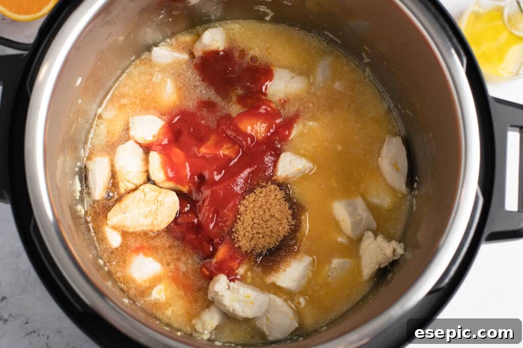 Effortless Instant Pot Orange Chicken 5 Chicken and sauce ingredients in the Instant Pot