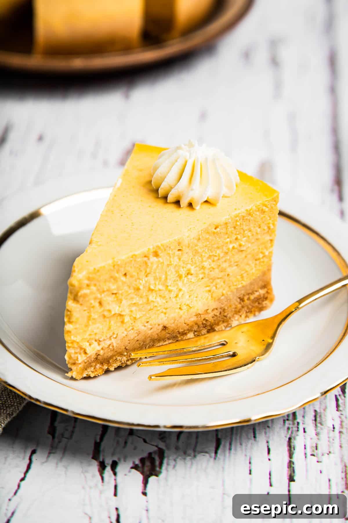 Irresistible Instant Pot Pumpkin Cheesecake 2 A perfectly sliced piece of pumpkin cheesecake with a golden fork resting on a saucer, ready to be enjoyed.