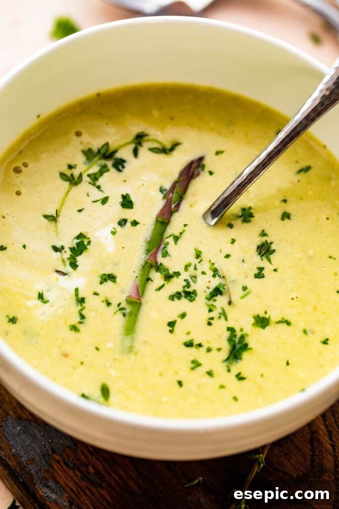 Effortless Velvety Asparagus Soup 5 Cream of Asparagus Soup in a white bowl with a spoon inside.