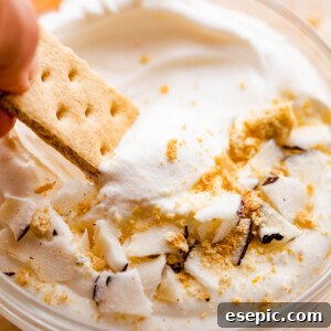 graham cracker dipping into a creamy coconut fruit dip topped with cookie crumbs and coconut shavings.