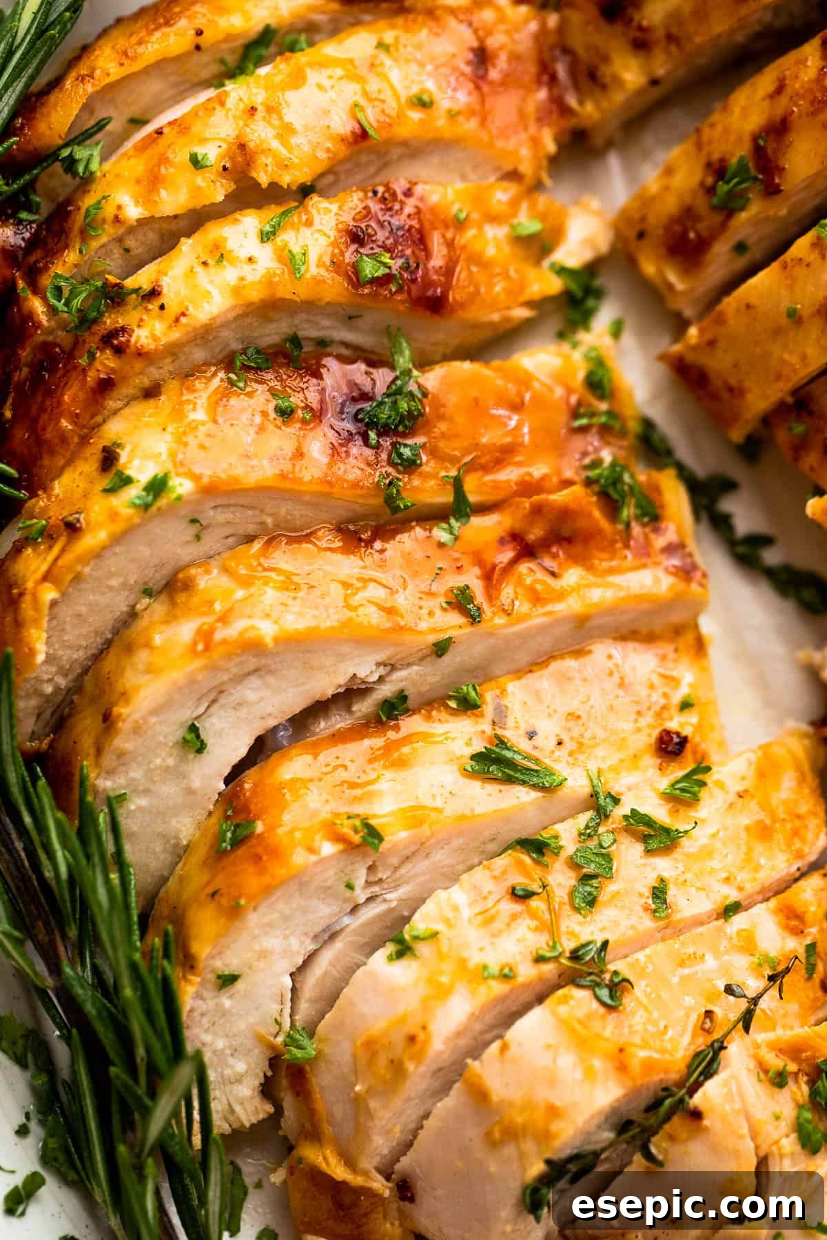 Roast a Perfect Turkey Breast Every Time 6 Close-up view of perfectly roasted turkey breast slices, showing the golden-brown skin and juicy, tender meat.
