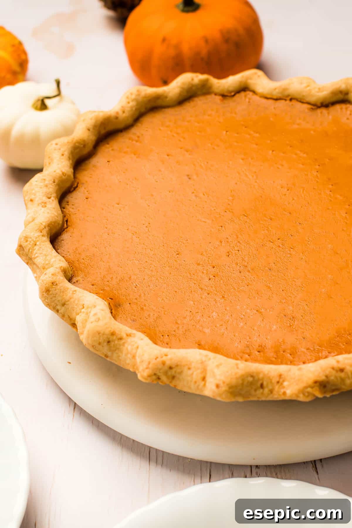 The crowning glory: a perfectly baked pumpkin pie with an artfully crimped crust, cooled and ready to be served as the centerpiece of any festive meal. A beautifully baked pumpkin pie with a perfectly crimped, golden-brown crust, presented on a white serving plate, ready to be enjoyed.