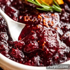 side shot of a spoon inside of a bowl filled with cranberry sauce and garnished with rosemary sprig plus orange slices