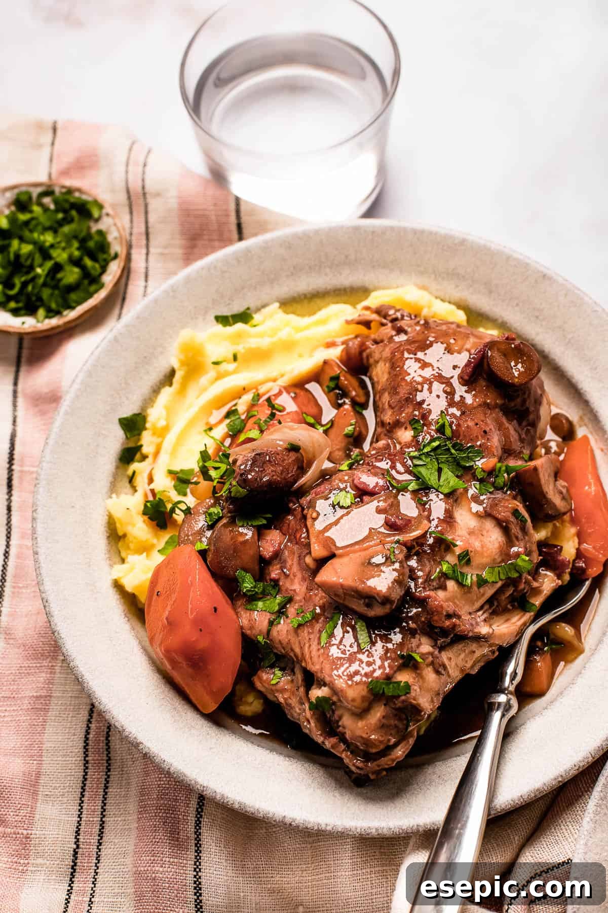 Quick and Classic Instant Pot Coq au Vin 11 A serving of coq au vin with mashed potatoes on a stoneware plate.