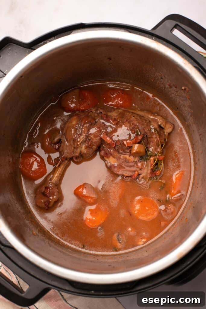 Quick and Classic Instant Pot Coq au Vin 9 Cooked chicken and vegetable in sauce in the Instant Pot.